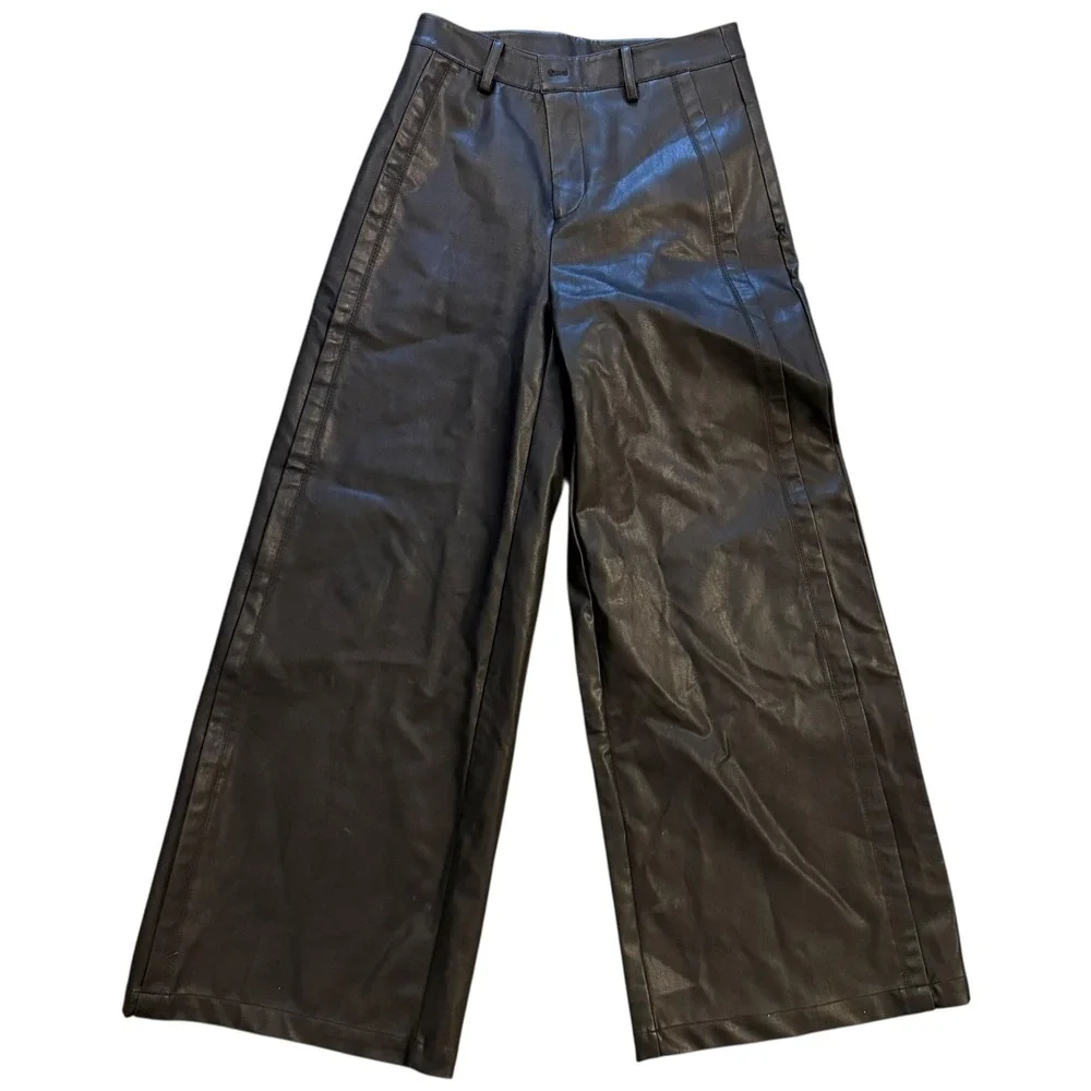 Handless Inc Black Faux Leather Wide Leg‎ Pants High Waisted Seam Detail Size L